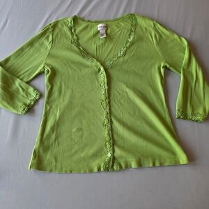 Chico's Women's‎ Green Lace Trim Ribbed Button Front Cardigan Top